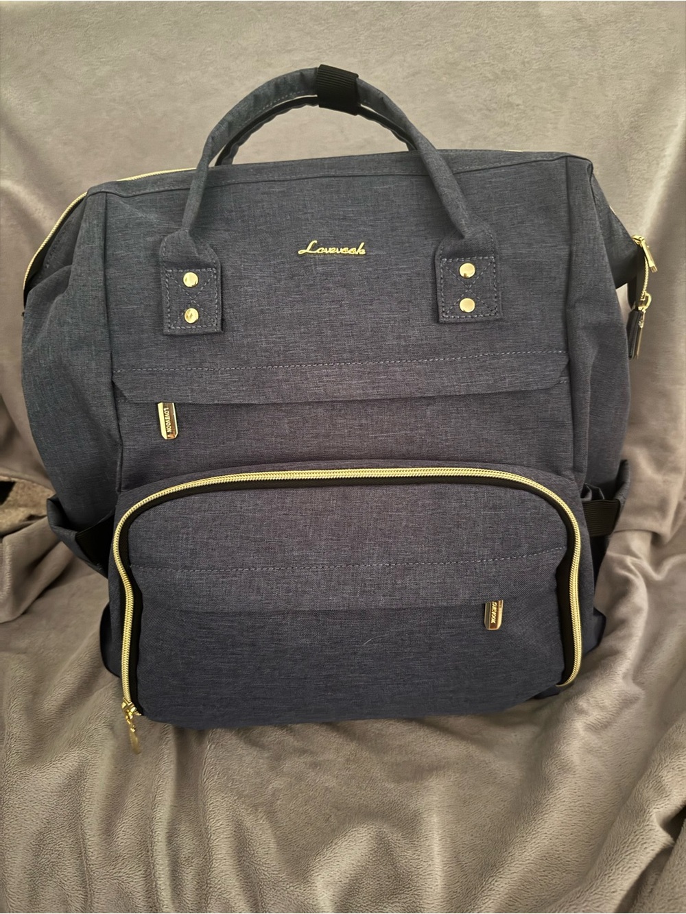 Lovevook Denim Blue Laptop Backpack For Work School or Travel with Gold Accents